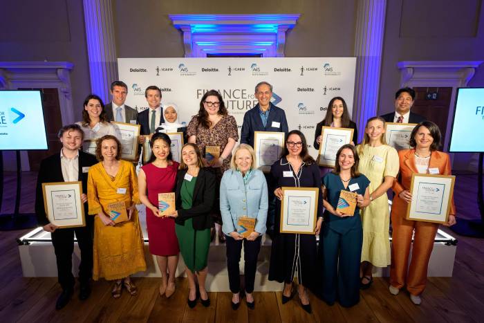 A group photograph of alll the winners from the 2026 Finance for the Future Awards